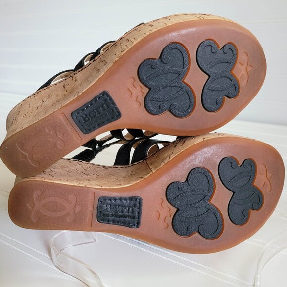 Born Lisi Sandals Womens 7 / 38 Black Leather Strappy Cork Wedge Heels Slides - Picture 9 of 12